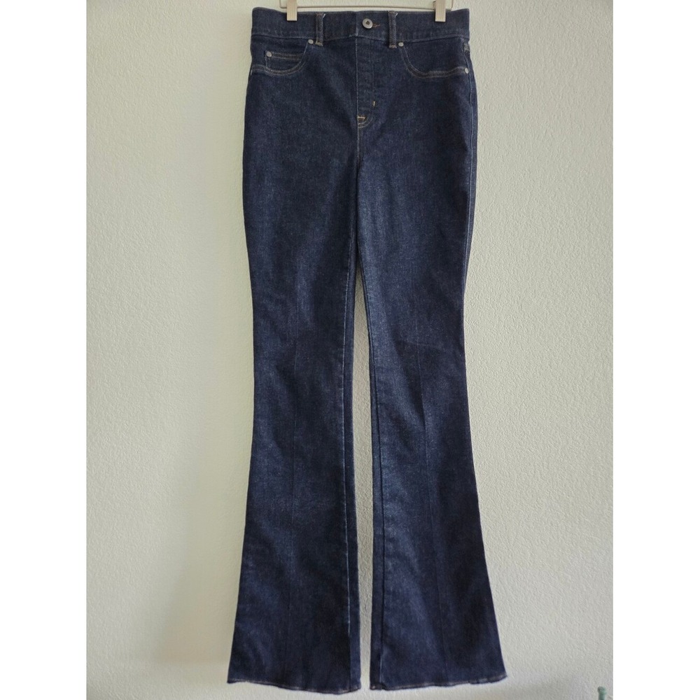 Spanx Shape Every Wear Pull On Flare Jeans Medium 36.5 Inseam Raw Hem Blue Denim